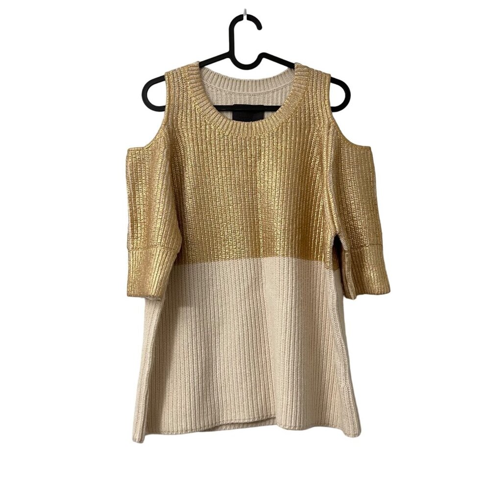 Zoe Jordan Cream Gold Cashmere Wool Cold Shoulder Chunky Knit Sweater S/M
